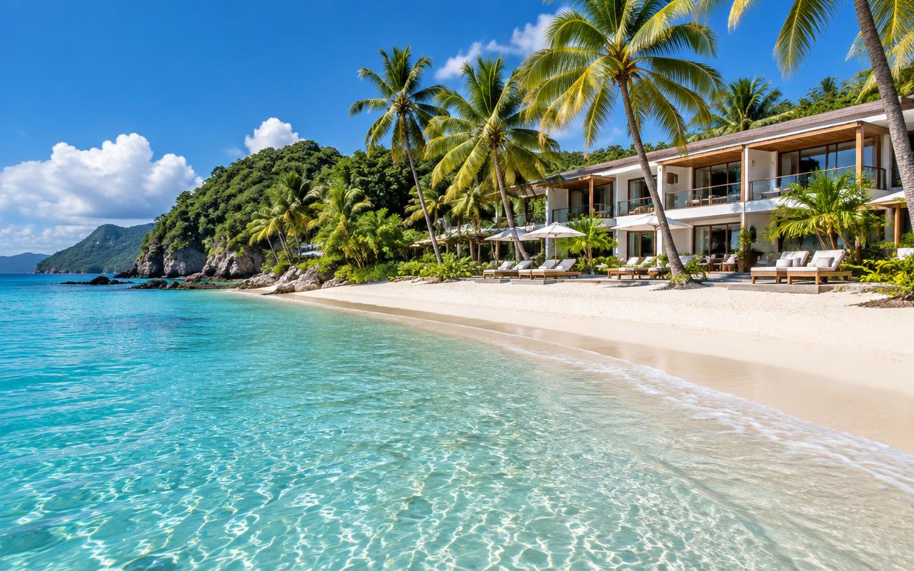 Sample beach resort website concept showing a tropical shoreline with clear turquoise water, light sand, palm trees and a beachfront property
